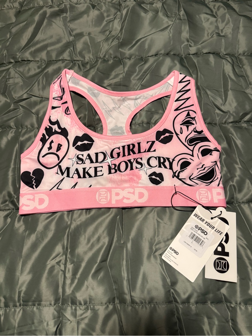 New PSD Pink 'Sad Girlz Make Boys Cry' Sports Bra Sz L